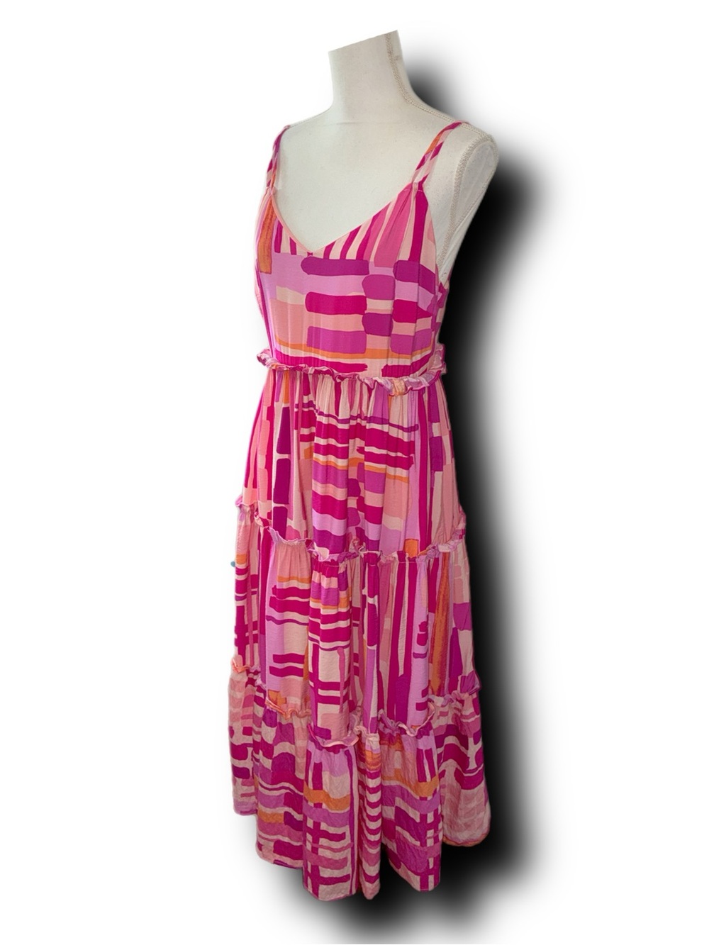 TCEC Abstract Pink & Orange Print Tiered Ruffle Midi Dress - Picture 4 of 7